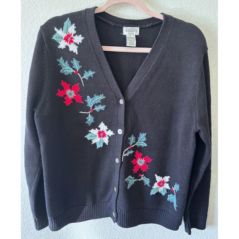 Vtg Poinsettia Grandmacore Winter Cardigan Holiday‎ 90s Sweater Petite Large